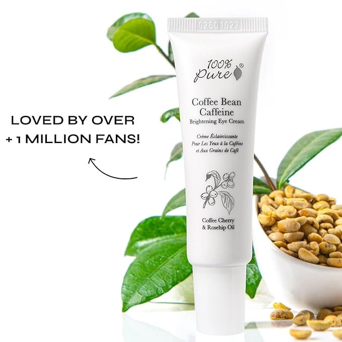100% PURE Coffee Bean Caffeine Eye Cream Refresh & Hydrate Under Eye Treatment Reduce Puffiness, Dark Circles, Wrinkles with Green Tea, Rose Hip, Vitamin E - Youthful Vibrant Eyes - Vegan - 1 oz