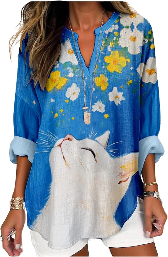 MARSVOVO Cat Shirts for Women Long Sleeve Cute Cat Pullover Graphic Novelty V Neck Blouse Oversized Funny Tunic Tops
