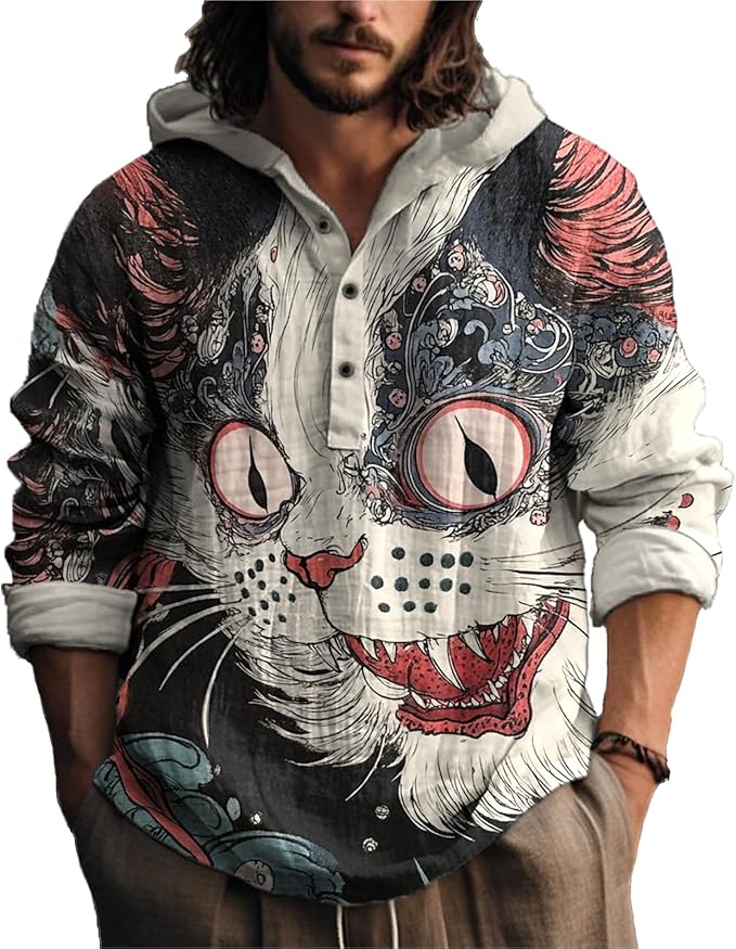 MARSVOVO Japanese Art Animal Hooded Shirt for Men Long Sleeve Quarter Button Lightweight Hoodie Cool Streetwear Tops