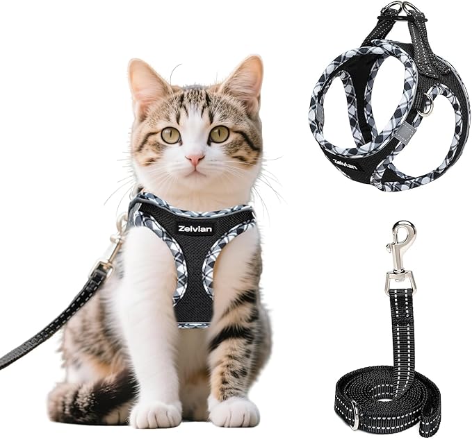 Cat Harness and Leash Set for Walking, Escape Proof Adjustable Soft Mesh Kitten Harness with Reflective Strips, Breathable No-Choke Pet Vest for Small Cats or Puppies(Black,XS)