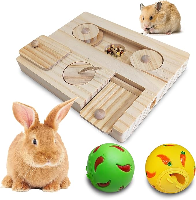 PINVNBY Guinea Pig Foraging Toy Sniff n' Snack Bunny Chew Toys Small Animal Wooden Enrichment Toys with 2 Balls Interactive Treat Dispenser for Rabbit Hamster Chinchillas Rats and Gerbils