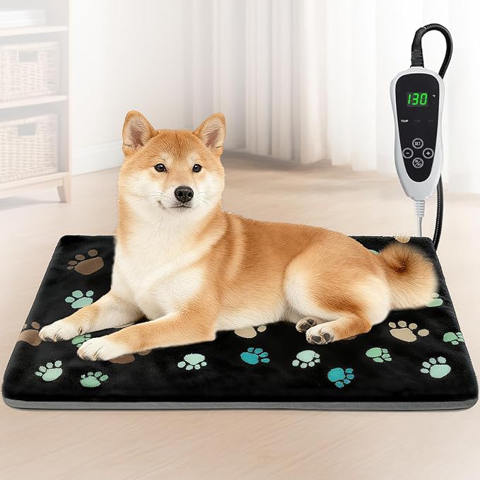 Puppy Heating Pad 28x18 in with Smart Thermostat Switch and Power Line Protection Tube,Obtained MET and UL Dual Certification,Waterproof Pet Heating Pad for Dogs with Plush Fabric Cover-Black