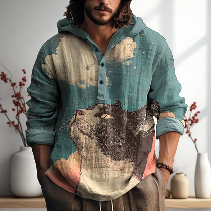 MARSVOVO Japanese Art Animal Hooded Shirt for Men Long Sleeve Quarter Button Lightweight Hoodie Cool Streetwear Tops