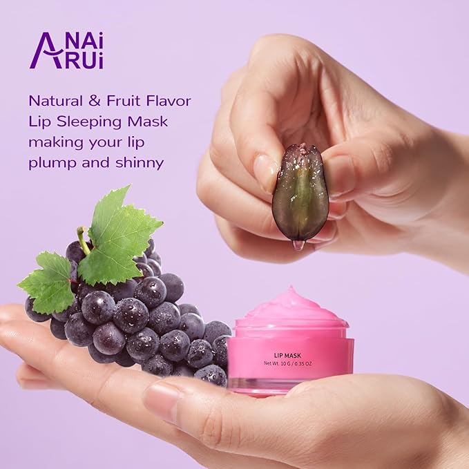 ANAI RUI Lip Therapy Set, Lip Scrub & Lip Mask, Overnight Hydrating Lip Moisturizer with Exfoliator Scrub, Lip Sleeping Mask for Plumping, Lip Gift Kit for Dry, Chapped, Dark Lips, Grape