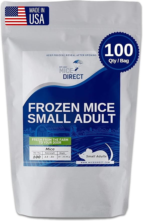 MiceDirect EST. 2003 100 Frozen Mice Small Adult Feeders Snake Food for Juvenile Red Tail Boas Ball Pythons Adult Sand Boas Milks Corn (2.5-3 in) (1900 Grams Min)
