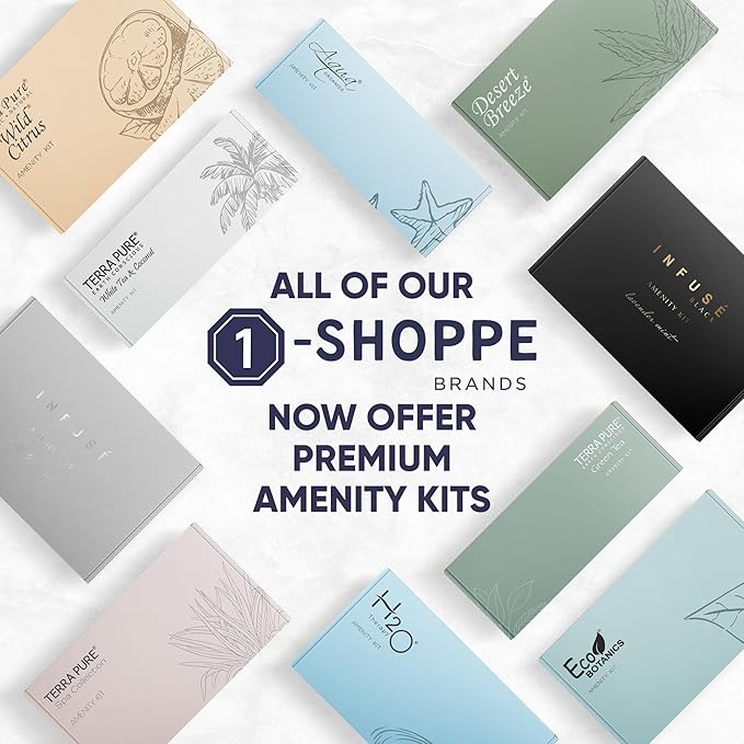 Eco Botanics Amenity Kit | Hotel Bulk Toiletries | 0.85 oz Shampoo, Conditioner, Lotion, Body Wash, Body Bar Soap for Guest Hospitality Vacation Rentals| 1 Set/Case