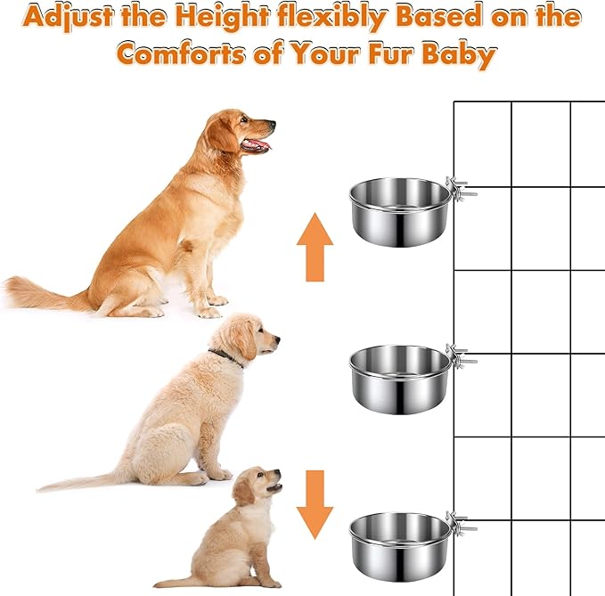 Dog Crate Water Bowl, 2 pcs Stainless Steel Large Dog Bowls 40oz & 60oz, Durable Anti-Spill Pet Metal Bowls for Cage Kennel Crate, Hanging Water/Food Bowl for Medium & Large Dogs