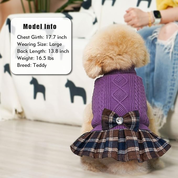 KYEESE Dog Sweater Warm Pullover Pet Coats Comfy Knitwear Dog Sweaters for Small Dogs Girl Soft Turtleneck Pet Sweater Dress Thick Dogs Clothes with Bowtie Stretchy Cat Sweaters, Purple, Small