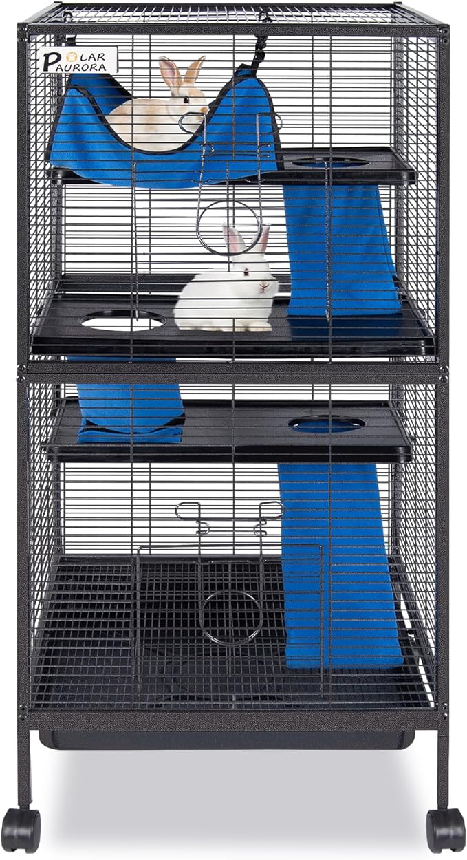 4 Tier Steel Deluxe Small Animal Pet Cage Kit for Guinea Pig Ferret Little Rabbit with Wheels Brakes Hammock 4 Platforms Removable Tray and Ladder with Flannel
