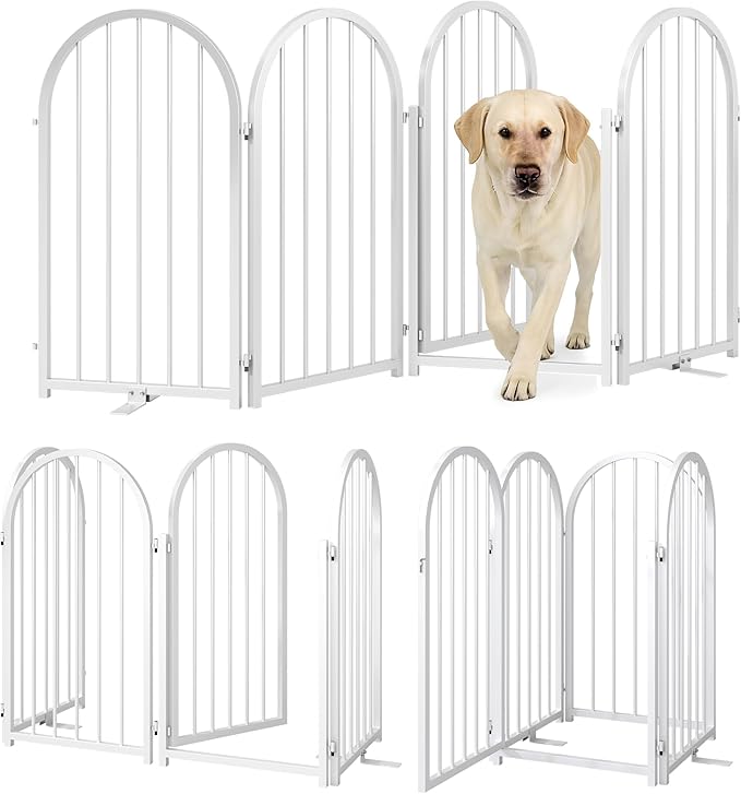 Full Metal Dog Gate with Door for Indoor Outdoor, 32" Tall Free Standing Pet Dog Fence, 72" Extra Wide Pet Gates for Stairs, Hallways, Doorways, Kitchen, Decks, Yards (White, 4 Panels)