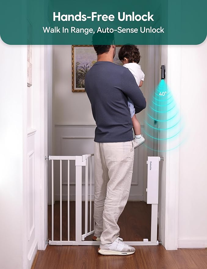 Babelio Smart Infrared Auto-Unlock Baby Gate for Doorways & Stairs, Auto Close Dog/Pet Gates for House, Pressure Mounted | Easy Install | No Drilling | Walk Thru Door (White, 26.3-37.8" W, 30" H)