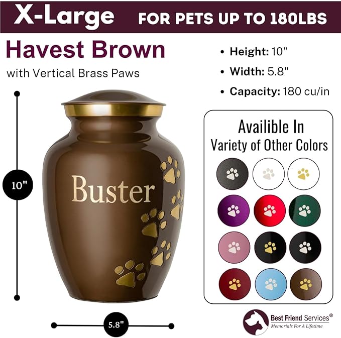 Pet Urn for Dogs and Cats with Personalized Laser Engraving, Ottillie Paws Premier Series Memorial Urns (X-Large Harvest Brown with Vertical Brass Paws)