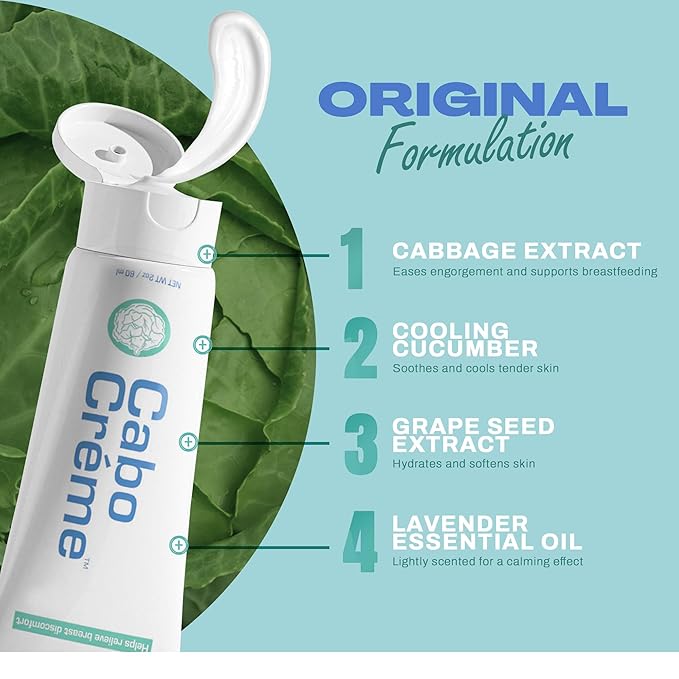 CaboCréme Cabbage Breast Cream for Tenderness & Engorgement Relief, Breastfeeding Weaning Support - Dry Up Breast Milk - Postpartum Essential - OB-GYN Created & Breastfeeding Mother-Approved, 2-pack