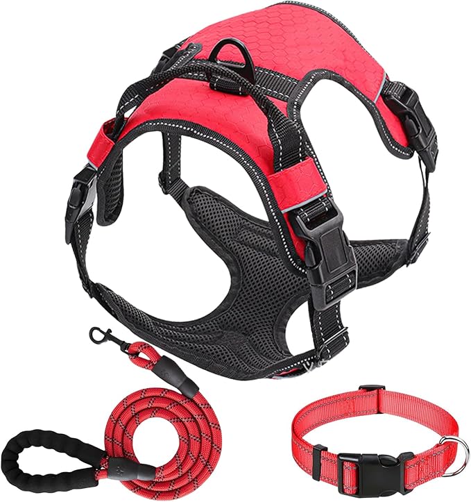 Dog Harness Set, No Pull Dog Vest Harness and 5ft Leash & Collar for Small Medium Sized Large Dog Cat,Adjustable Soft Nylon Padded Dog Vest Reflective Front Clip Vest with Easy Handle -Red S
