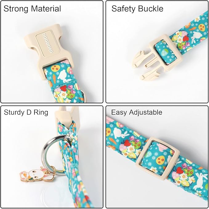 DOGWONG Cute Flower Bunny Eggs Easter Dog Collar - Pink, Adjustable for Medium & Large Dogs