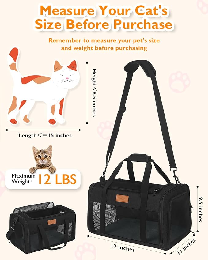 PETUX Airline Approved Cat Carrier or Small Cat up to 12 lb - 17"x11"x9.5", TSA, Underseat, Top & Side Entry, Soft Sided Pet Carrier with Breathable Anti-Scratch Mesh for Travel and Vet Visit - Black