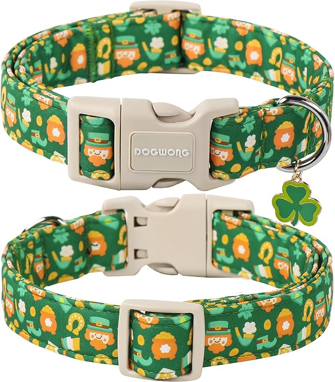 DOGWONG Green Dog Collar- Cute Trefoil Flower Dog Collars Adjustable St. Patrick's Day Puppy Clover Dog Collar for Small Medium Large Dogs L