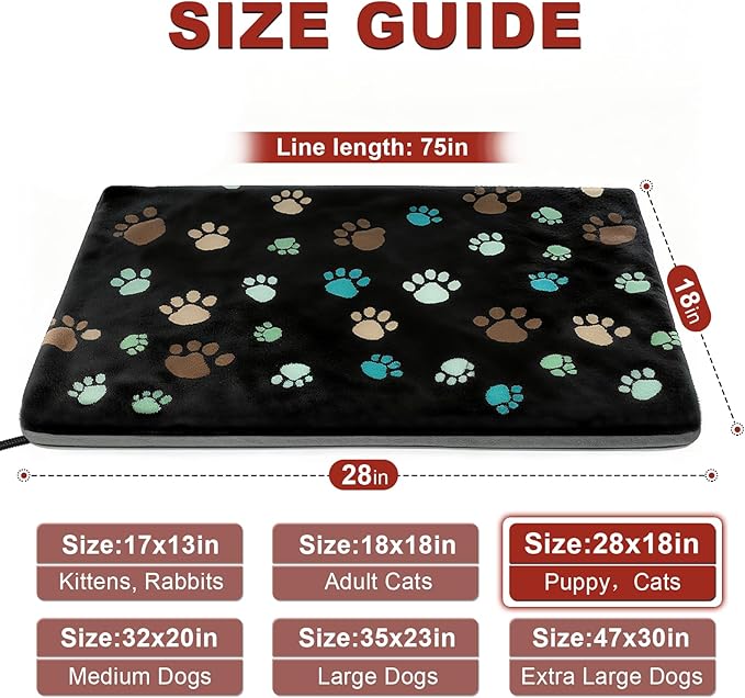 Puppy Heating Pad 28x18 in with Smart Thermostat Switch and Power Line Protection Tube,Obtained MET and UL Dual Certification,Waterproof Pet Heating Pad for Dogs with Plush Fabric Cover-Black