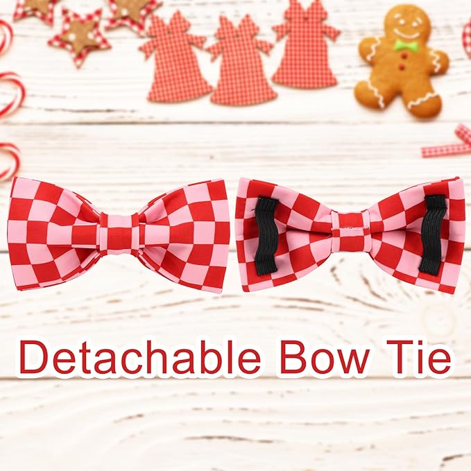 Red and Pink Plaid Dog Collarwith Bow Tie– Adjustable Red & Pink Checkered Dog Collar for Small Medium Large Dogs, Soft Xmas Plaid Puppy Collars with Quick Release Buckle XL