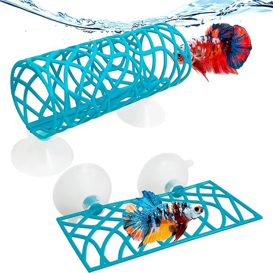 Hamiledyi Betta Fish Hideout Cave with Betta Hammock Bed Hollow Tunnel Betta Fish Tank Accessories Aquarium Decorations for Crayfish Shrimps Betta and Other Small Fish (Blue)