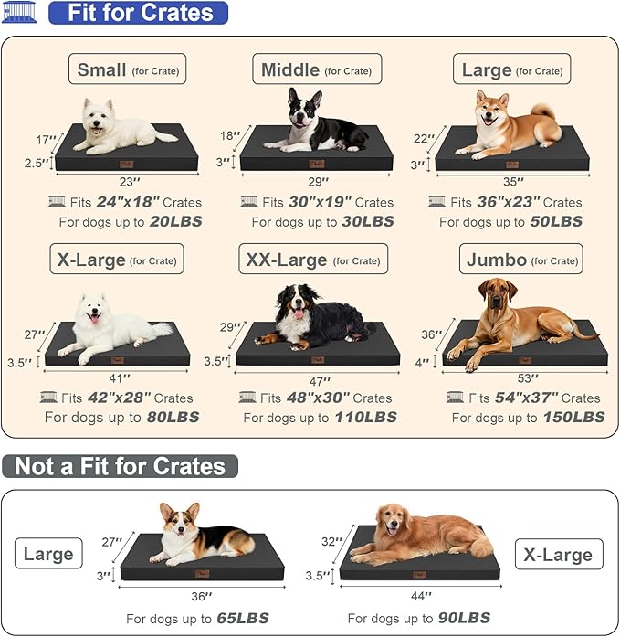 Outdoor Dog Bed for Small Dogs & Cats, Waterproof Dog Crate Mat Orthopedic Egg Crate Foam with Washable Removable Oxford Cover, Black