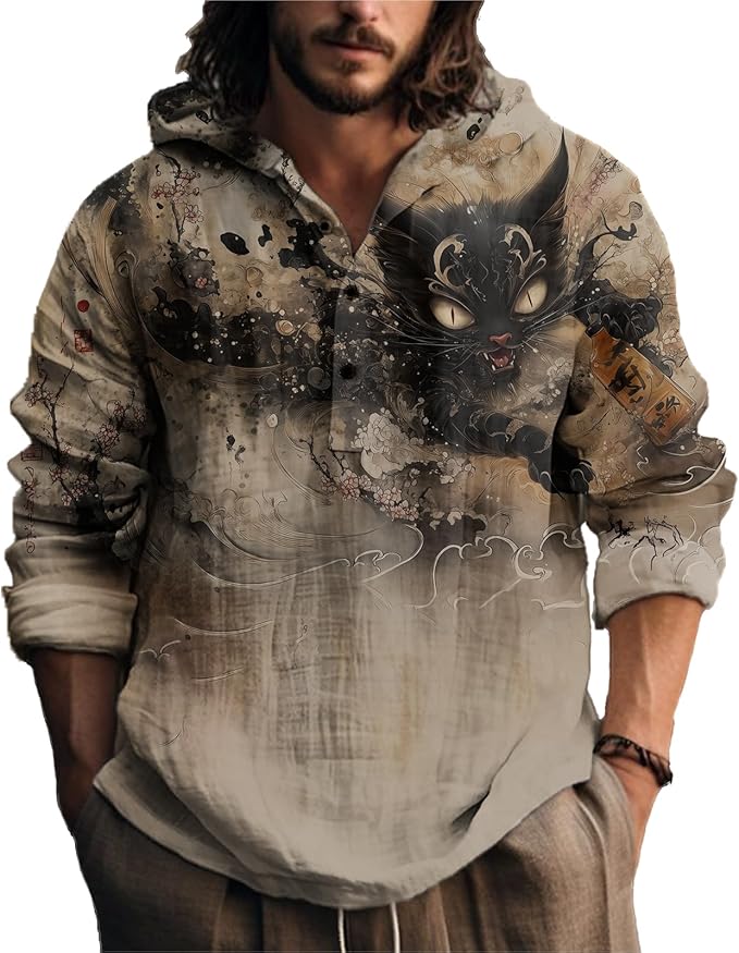 MARSVOVO Japanese Art Animal Hooded Shirt for Men Long Sleeve Quarter Button Lightweight Hoodie Cool Streetwear Tops