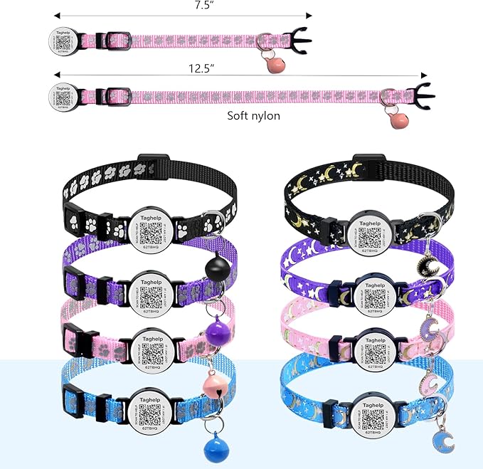 Reflective Moon & Star Cat Collar Breakaway with QR Code Smart ID tag & Bells, 2 Pack Girl Boy Pet Cat Collar Adjustable 7.5-12.5 Inch,boy & Girl Cats .No app(Pink)
