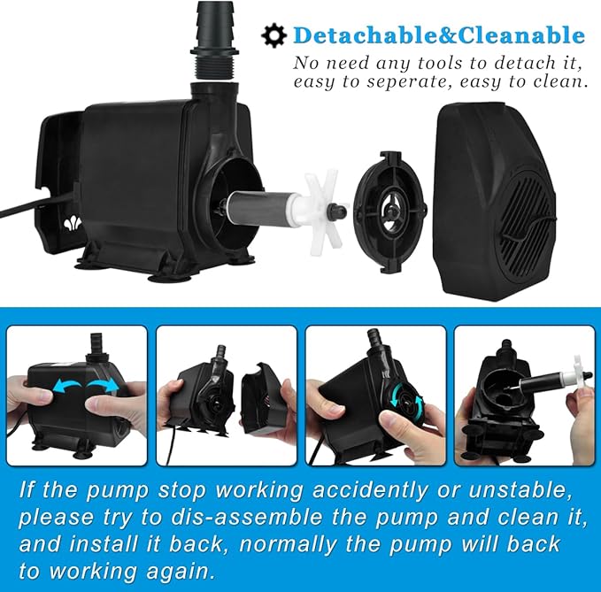 PULACO Large Flow: 800GPH（3000L/H）Submersible Pump with 6.5 ft Tubing, 45Watt Durable Fountain Water Pump With 4 Nozzles For Above 80 gallons Fish Tank or Pond