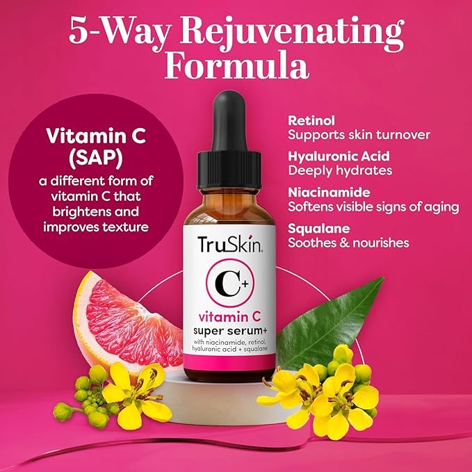 TruSkin Vitamin C Super Serum for Face - Five Skin Benefits in One Serum with Vitamin C, Retinol, Niacinamide, Hyaluronic Acid & Squalane - Brighten, Firm & Smooth the Look of Skin - 1 fl oz