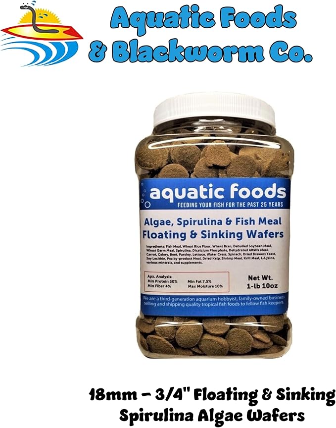 Aquatic Foods Inc. 18mm - 3/4" Wafers, Sinking & Floating for Both Bottom Fish & Surface Fish, Pond Fish, Shrimp, Snails, Crabs, Crayfish…1-lb & 10oz Med Jar
