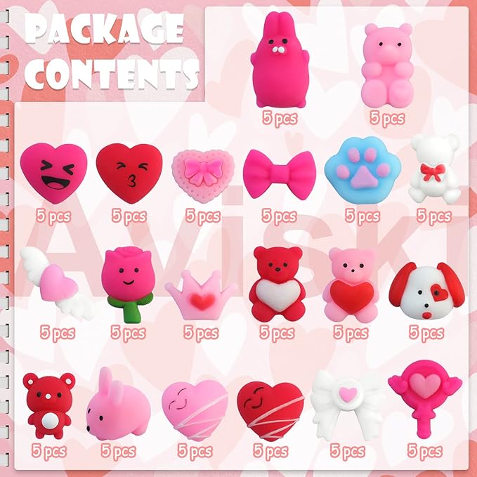 100PCS Valentines Day Mochi Squishy Toys, Mini Kawaii Squishies Soft Fidget Toys Stress Squeeze Toys Party Bags Filler, Small Stocking Stuffers for Classroom Prizes Boys Girls Birthday Exchange Gifts