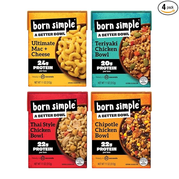 Born Simple Ready to Eat Meals, Variety Pack |Includes Chipotle, Teriyaki, Thai Chicken & Ultimate Mac and Cheese|IMPROVED RECIPE - High Protein, Prepared Meal, Microwavable Entree, 11 oz (Pack of 4)