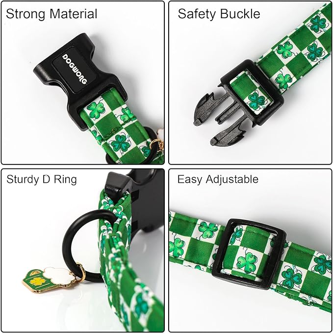DOGWONG Green Dog Collar- Cute Green Plaid Dog Collars Adjustable St. Patrick's Day Puppy Clover Dog Collar for Small Medium Large Dogs S