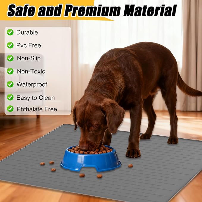1.5MM Super Thick Dog Food Mat, 40"x30" Silicone Dog and Cat Mats for Food and Water Bowls, Waterproof Pet Feeding Mat for Contain Spills Protects Floors, Multiple Colors & Sizes for Pets, Brown