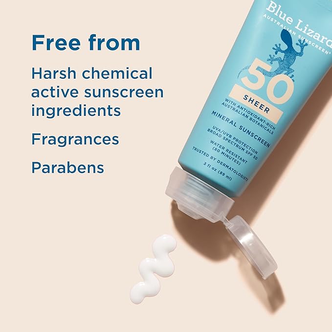 Blue Lizard Sheer Mineral SPF 50 Sunscreen Lotion, Zinc Oxide, 100% Mineral Formula, Nourishes with Australian Desert Lime and Peach, Paraben-Free, Fragrance-Free, 3 fl oz