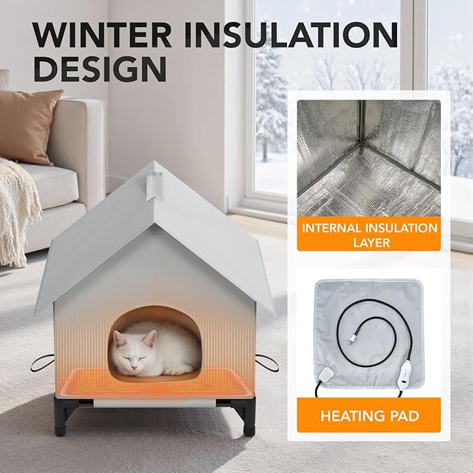 Heated Cat House with Heating Pad for Outside&Indoor,Insulated and Weatherproof,Selfwarming Cat Shelter,Large Cave Bed for Garden(22 x 22 x 26 inch,XL,Heating pad)