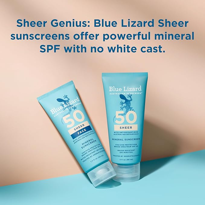 Blue Lizard Sheer Mineral SPF 50 Sunscreen Lotion, Zinc Oxide, 100% Mineral Formula, Nourishes with Australian Desert Lime and Peach, Paraben-Free, Fragrance-Free, 3 fl oz