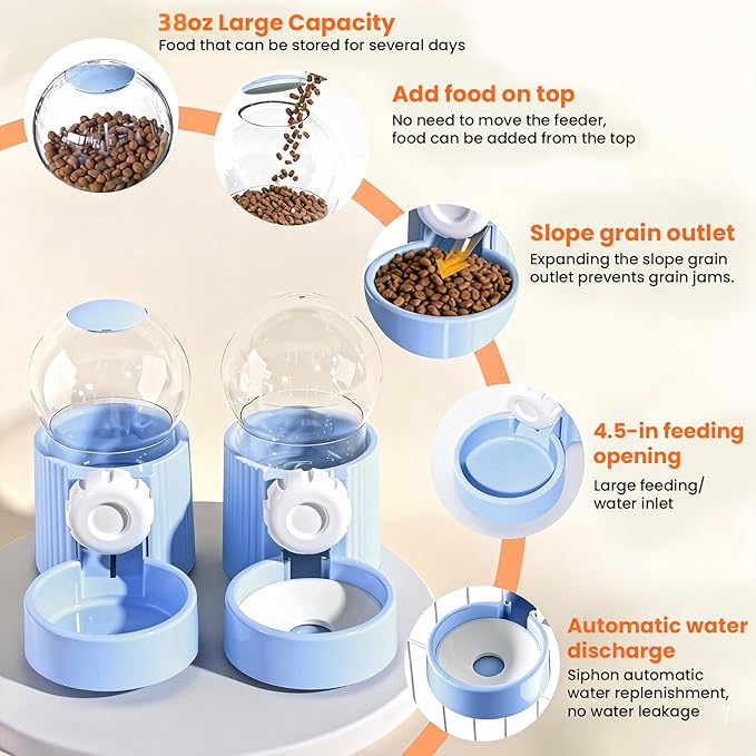 38oz Hanging Automatic Food Water Dispenser, Large Capacity Gravity Rabbit Water Dispenser and Feeder Set, for Bunny Guinea Pig Chinchilla Ferret Cage Accessories (Blue)