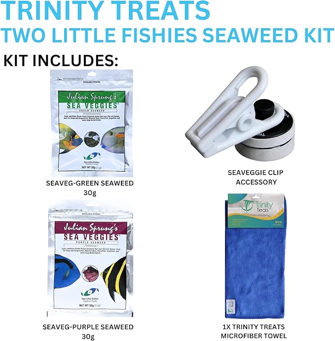 Two Little Fishies Seaweed Sea Veggies Green & Purple (Each 1 oz), and Veggie Clips for Aquarium, with Microfiber Cleaning Cloth for Seaweed Aquarium Fish Maintenance (Pack of 4)