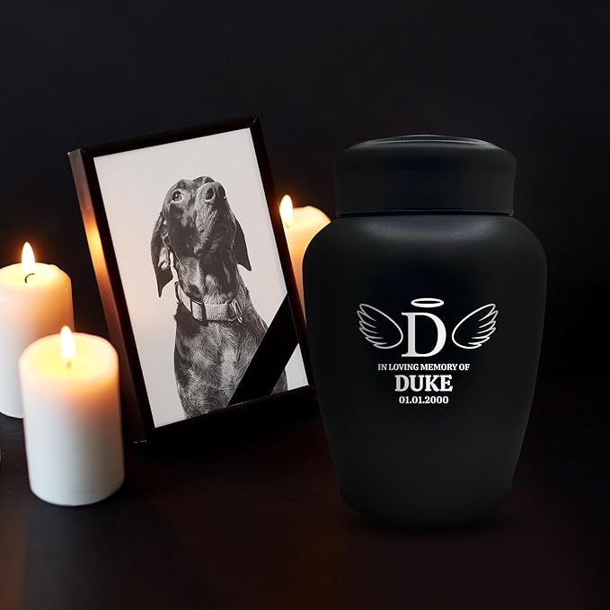 Custom Engraved Dog Urn with Name and Date - Stainless Steel Large Cremation urns for Dogs Ashes with Airtight Closure | up to 150 lbs Capacity | Love Print