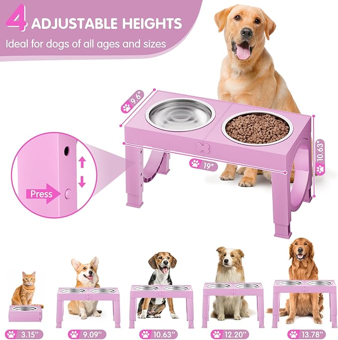 XIAZ Elevated Dog Bowls Large Breed Raised Dogs Bowl Stand Large/Medium Sized Dog 1L Food Water Bowl Stands 5 Heights Adjustable 9/11/12/14in Pink Pet Feeder Dish Station