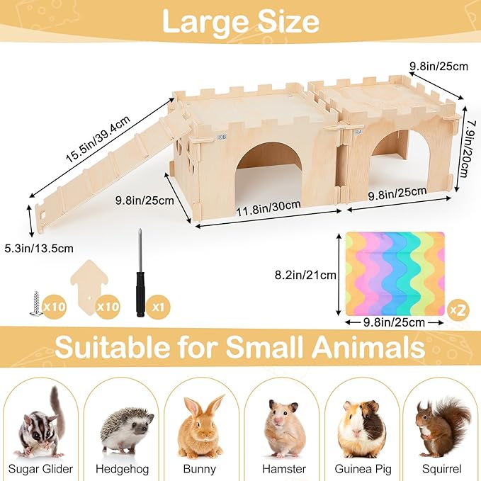 Guinea Pig Hideout, Guinea Pigs House with Stairs and Mats Extra Large Guinea Piggy Castle Detachable Hideouts for Small Animals Wooden Guinea Pig Habitats with Multiple Doors and Windows