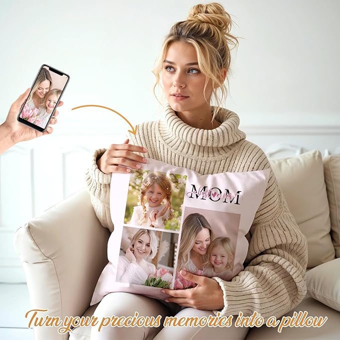 Custom Pillow with Picture & Text - Include Insert, Personalized Gifts for Mothers Day, Custom Photo Pillow Double-Sided Printing | 5 Sizes & 10 Colors Optional, Custom Keepsake Gifts for Loved One