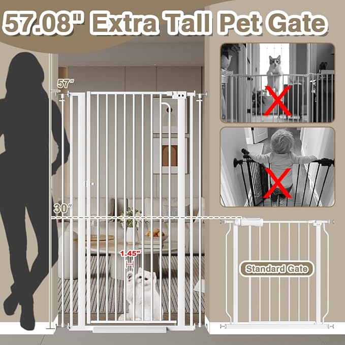 57" Extra Tall Cat Pet Gate for Doorway, 57.4"-62.2" Wide Pet Gate for Cats Walk Through, Auto Close Tall Baby Gates with Door, Child Safety Gate Indoor Stairs, Cat Proof Gate for Dog, White