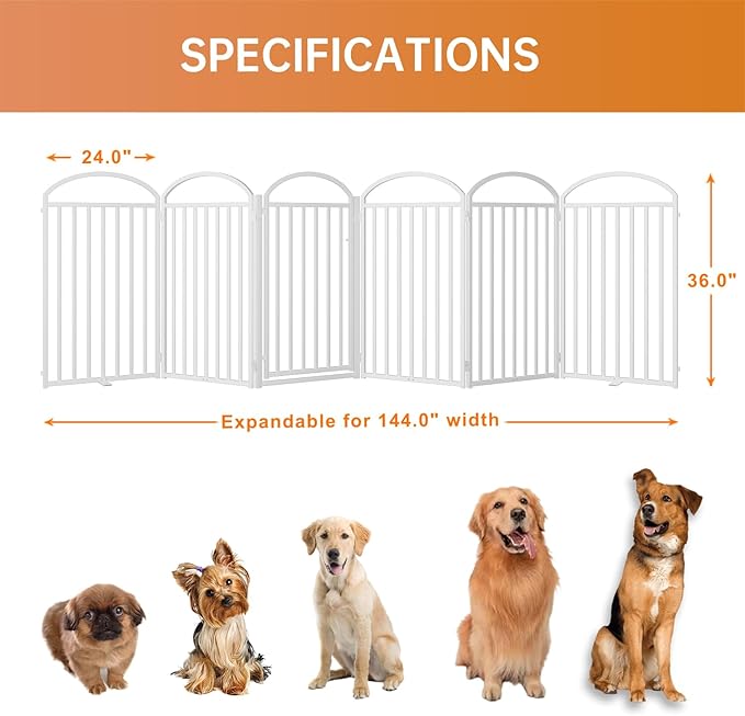 6 Panels Full Matel Freestanding Dog Gates with Door, 144"Extra Wide 36"Tall Free Standing Dog Pet Gate for Indoor & Outdoor. Foldable Pet Fences for Doorways, House, Stairs, Porch, Deck, Yard