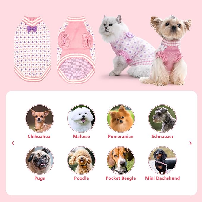 Samll Dog Sweaters Girl Pet V-Neck Christmas Halloween Dog Sweater Knit for Pomeranian Bichon Frise Pug Cold Weather Outfit Pet Formal Dress Cat Sweater (Pink，L)