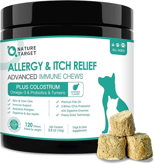NATURE TARGET Dog Allergy Relief Freeze Dried Chews, with Probiotics, Colostrum for Immune Health, Anti Itch & Seasonal Allergies & Scratching, Omega 3 for Skin & Coat Health, Pawlicking, Hot Spots