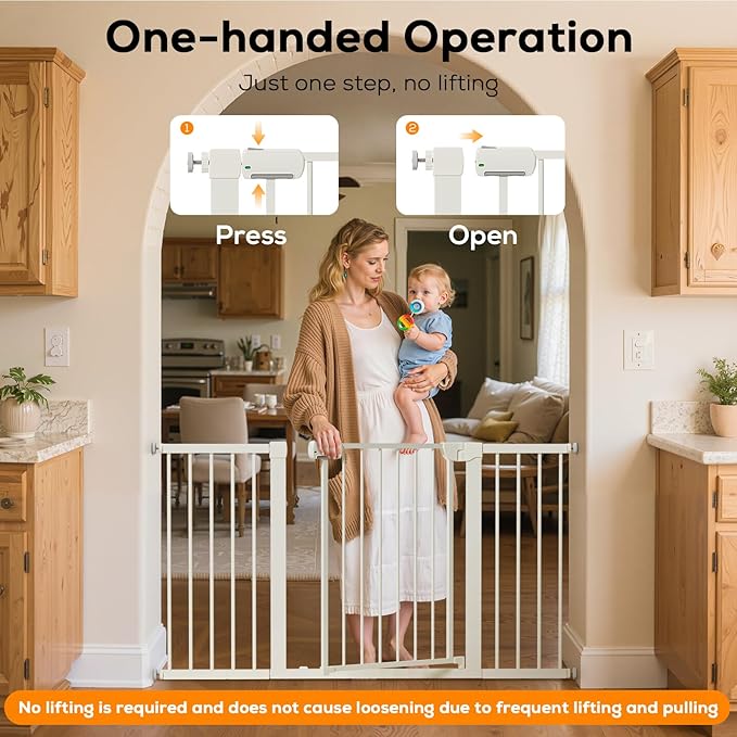 29.5-59.8" Baby Gate for Stairs, Baby Safety Essentials, Auto Close Gate for Doorways, Easy Install Pressure Mounted Dog Gate Indoor, Pet Gates for Dogs, White