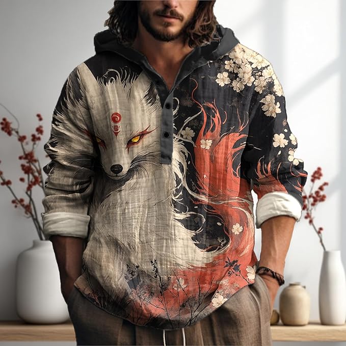 MARSVOVO Japanese Art Animal Hooded Shirt for Men Long Sleeve Quarter Button Lightweight Hoodie Cool Streetwear Tops