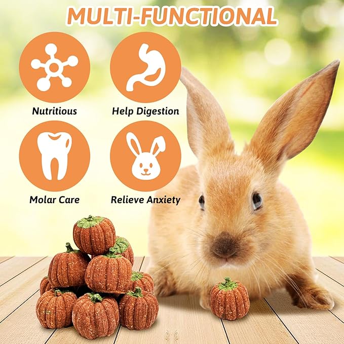 Fhiny 12 PCS Rabbit Chew Toys, Natural Pumpkin Carrot Timothy Grass Guinea Pig Chew Toys for Teeth Bunny Molar Snacks Dental Care Hamster Treats for Bunny Guinea Pig Chinchilla Hamster Gerbil